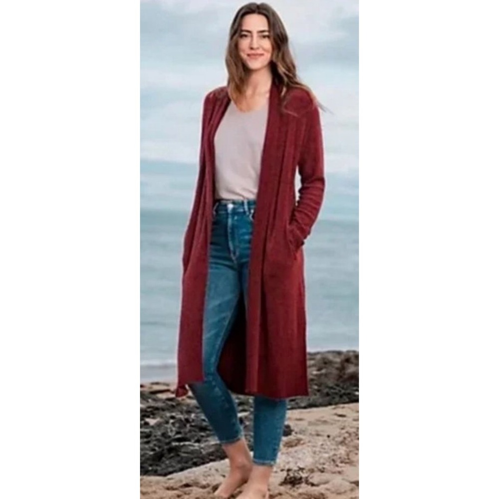 Barefoot Dreams CozyChic Lite Long Cardigan Sweater Garnet Open Front Pockets L‎